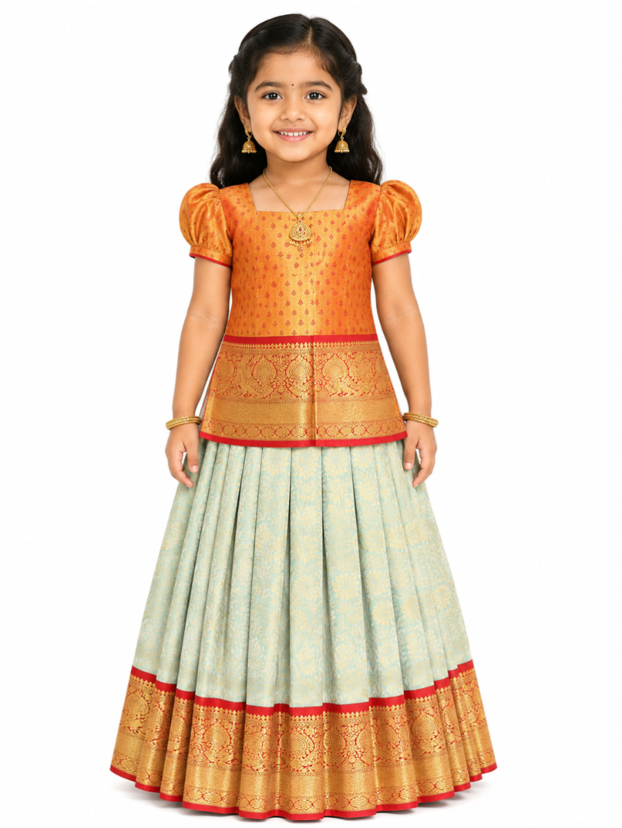 Gracecharm Silk Floral Leaf Jaal with Contrast Border Pattu Pavadai Material