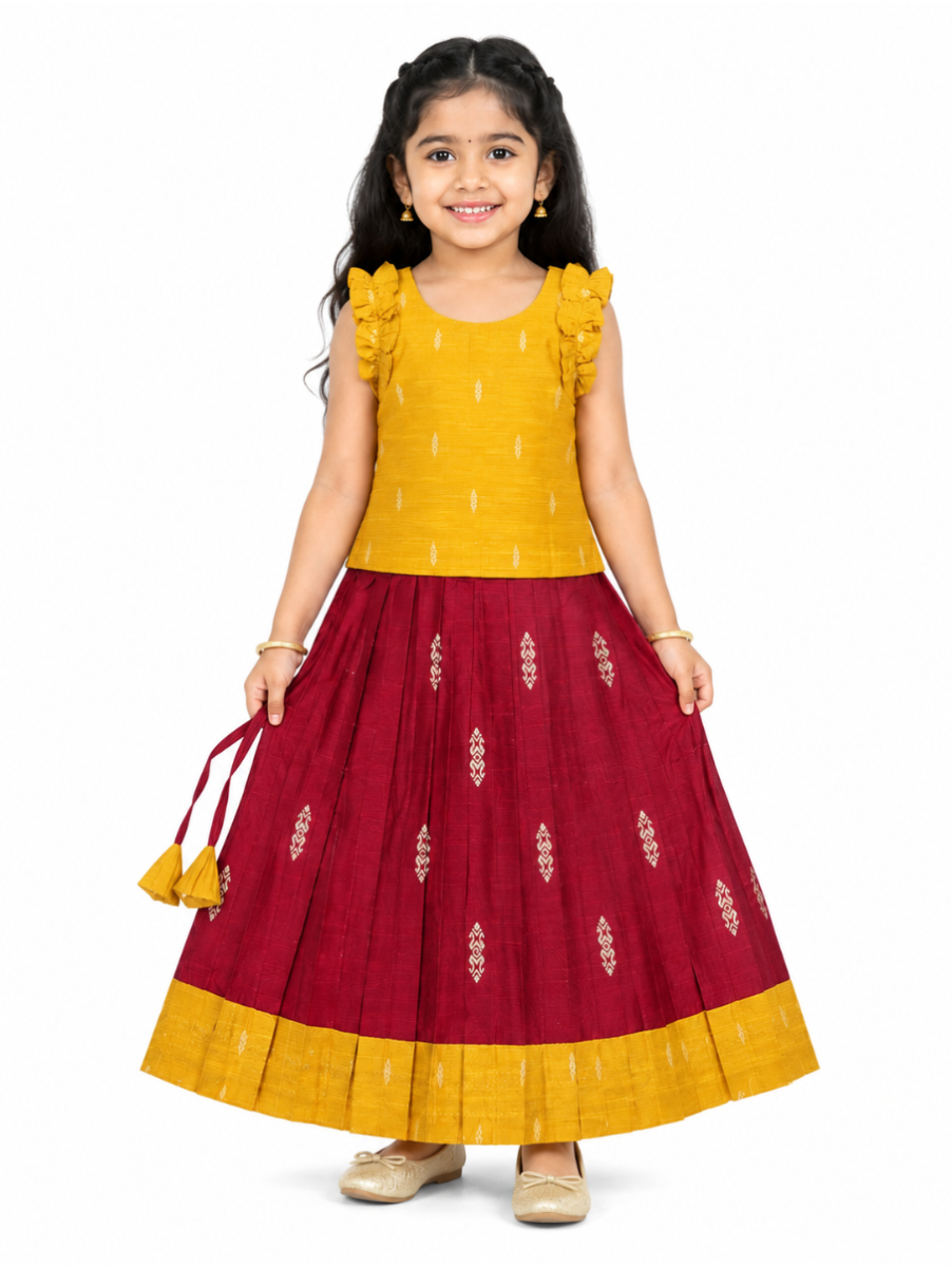 Kutty Kanmanie Girls Poly Cotton Ruffle Trim Top and Skirt Set