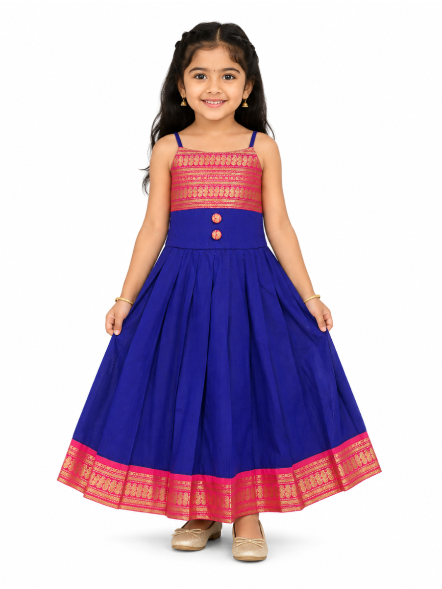 Kutty Kanmanie Girls Poly Cotton Contrast Border Pleated Frock