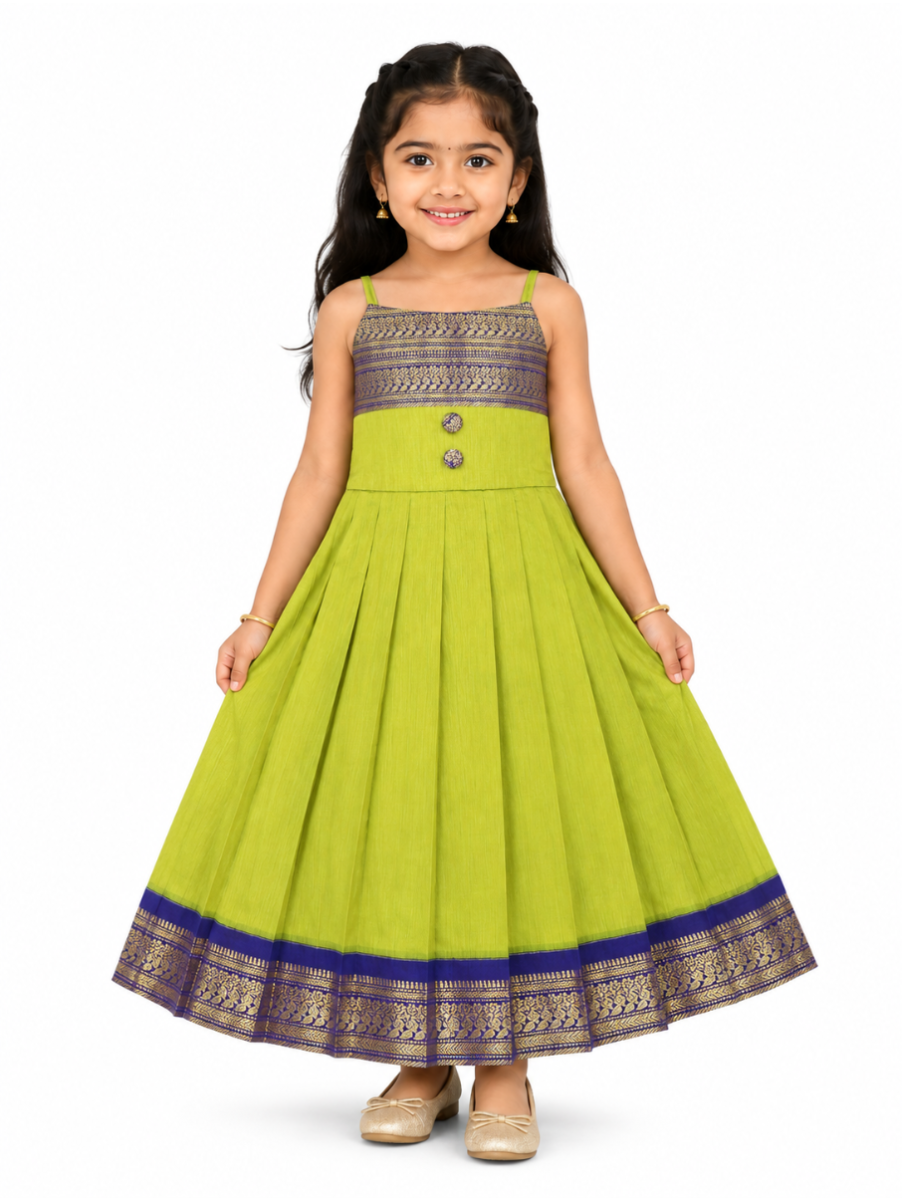 Kutty Kanmanie Girls Poly Cotton Peacock Zari Border Pleated Frock