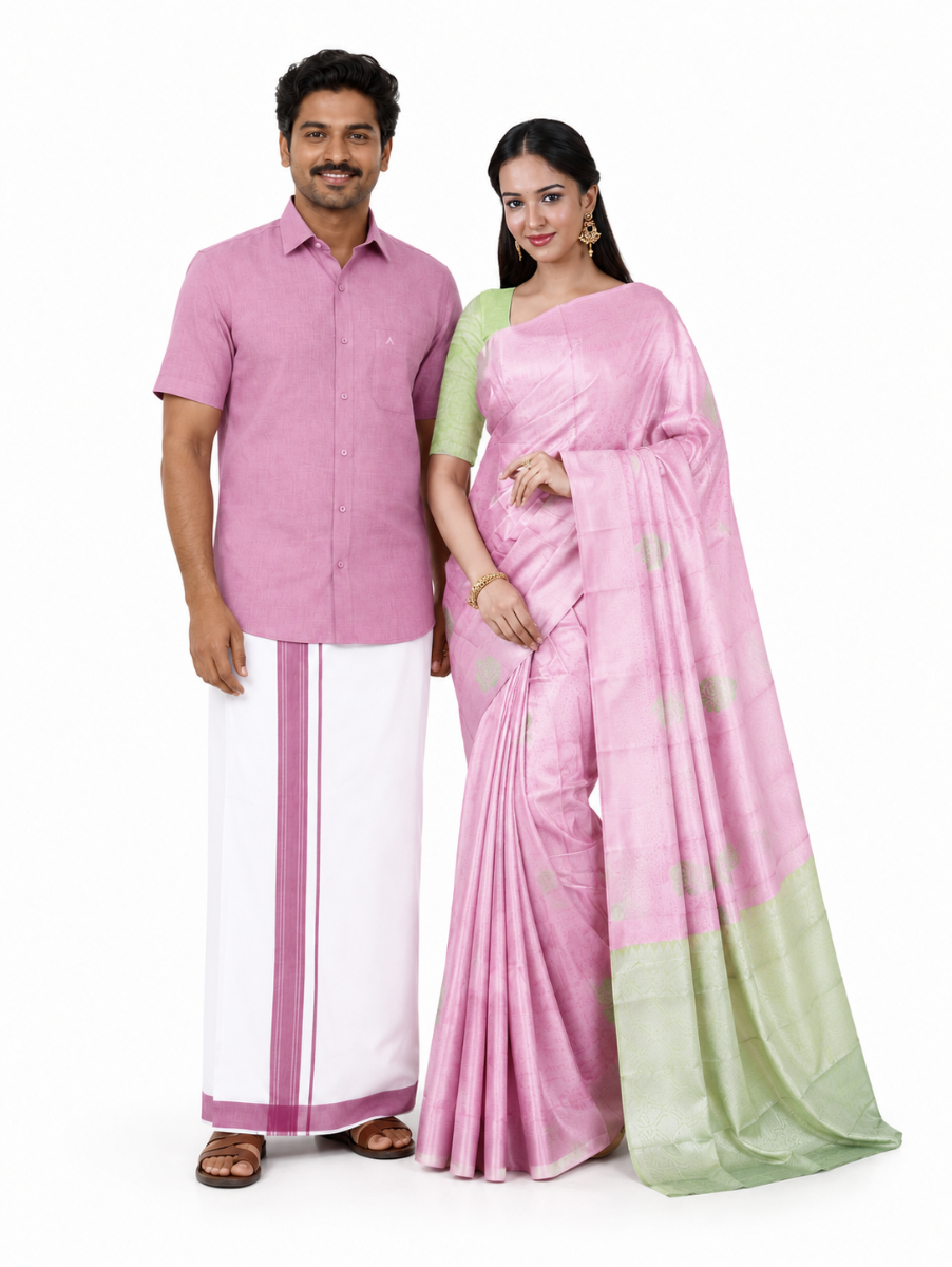 Couple Combo Pink Shirt and Dhoti Set with Floral Butta Saree