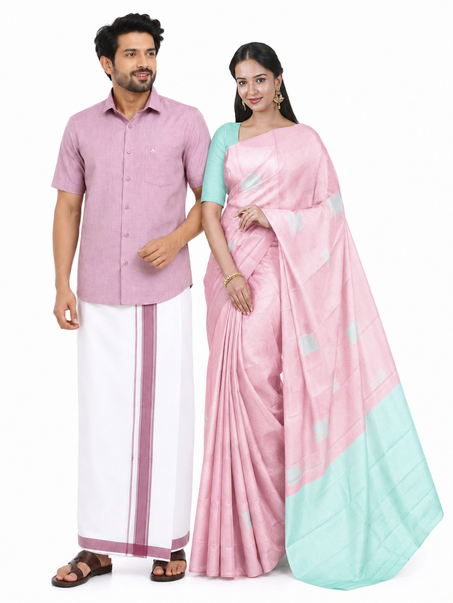 Couple Combo Dusty Mauve Shirt and Dhoti Set with Saree