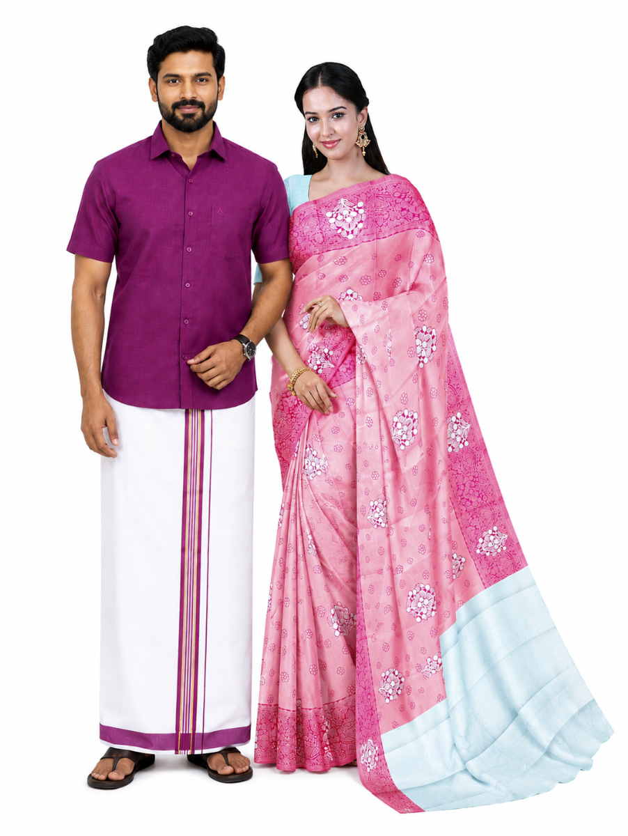 Couple Combo Deep Magenta Shirt and Dhoti Set with Saree