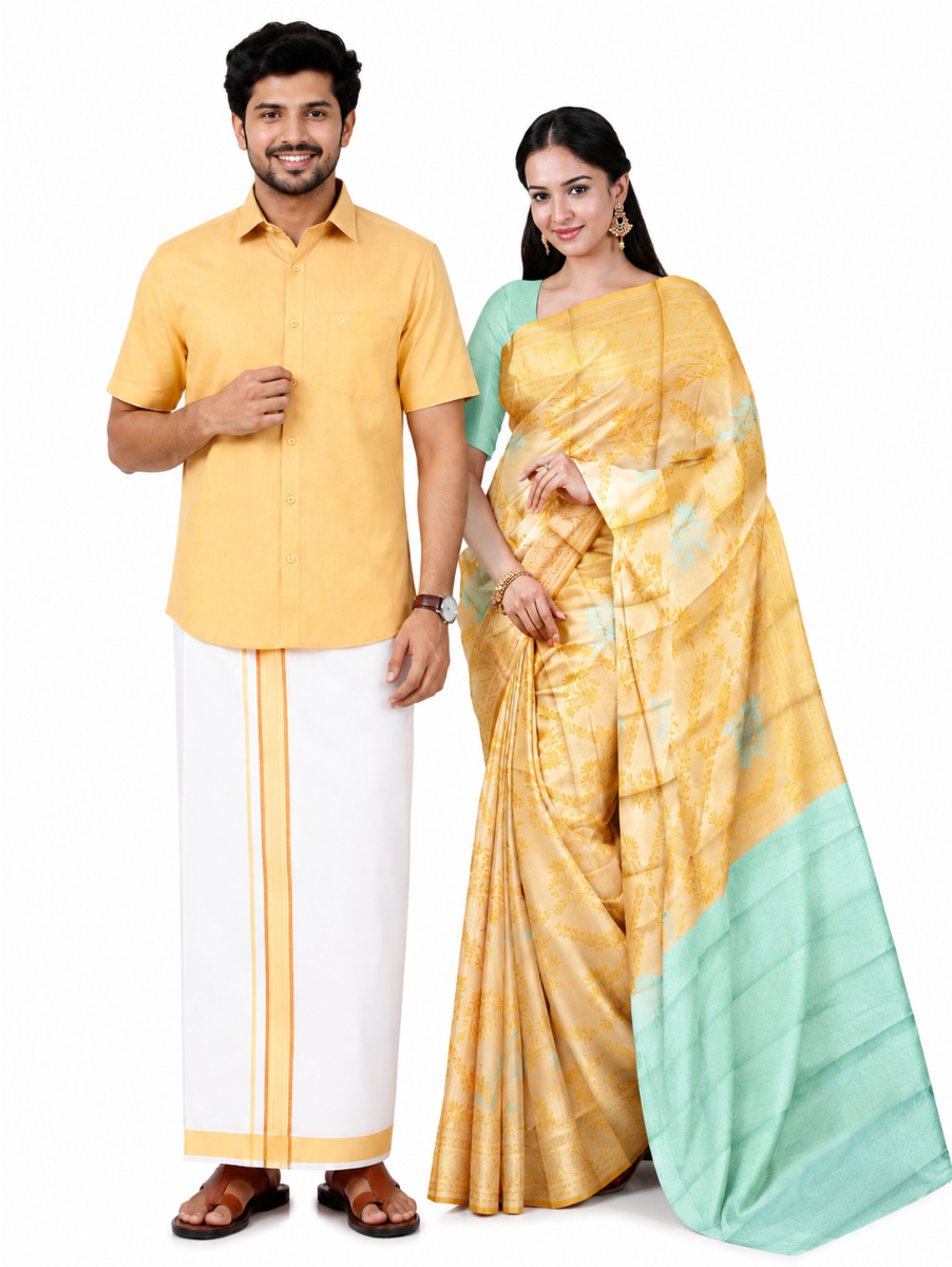Couple Combo Golden Yellow Shirt and Dhoti Set with Saree