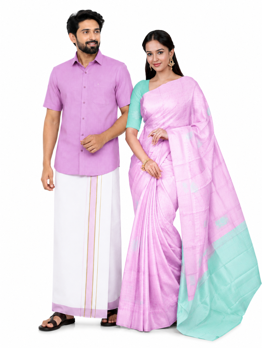 Couple Combo Lavender Pink Shirt and Dhoti Set with Saree