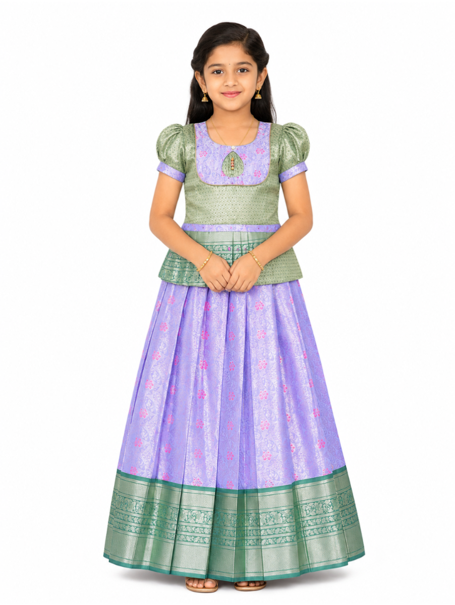 Charming Girls Sage Green Readymade Art Silk Pattu Pavadai Set