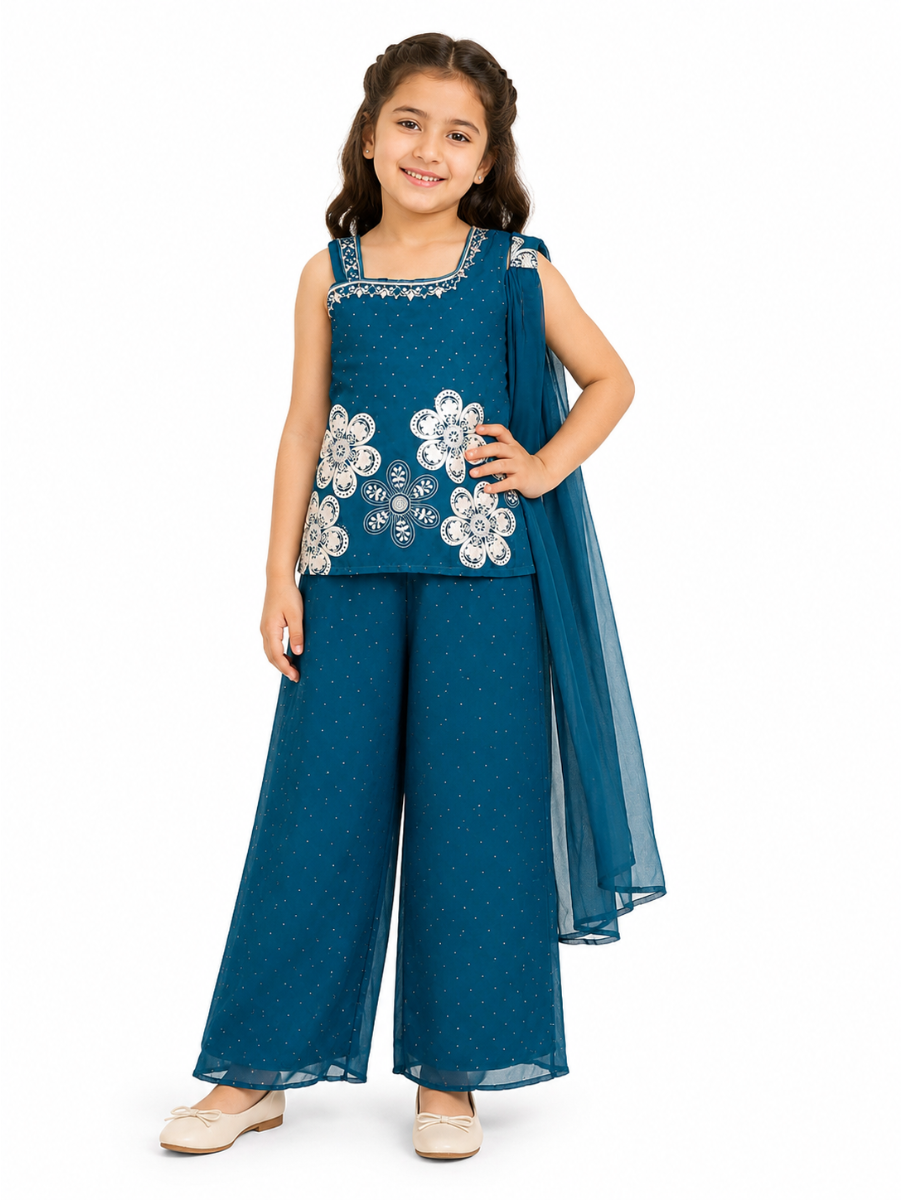 Gracecharm Girls Embroidered Top and Palazzo Set with Dupatta