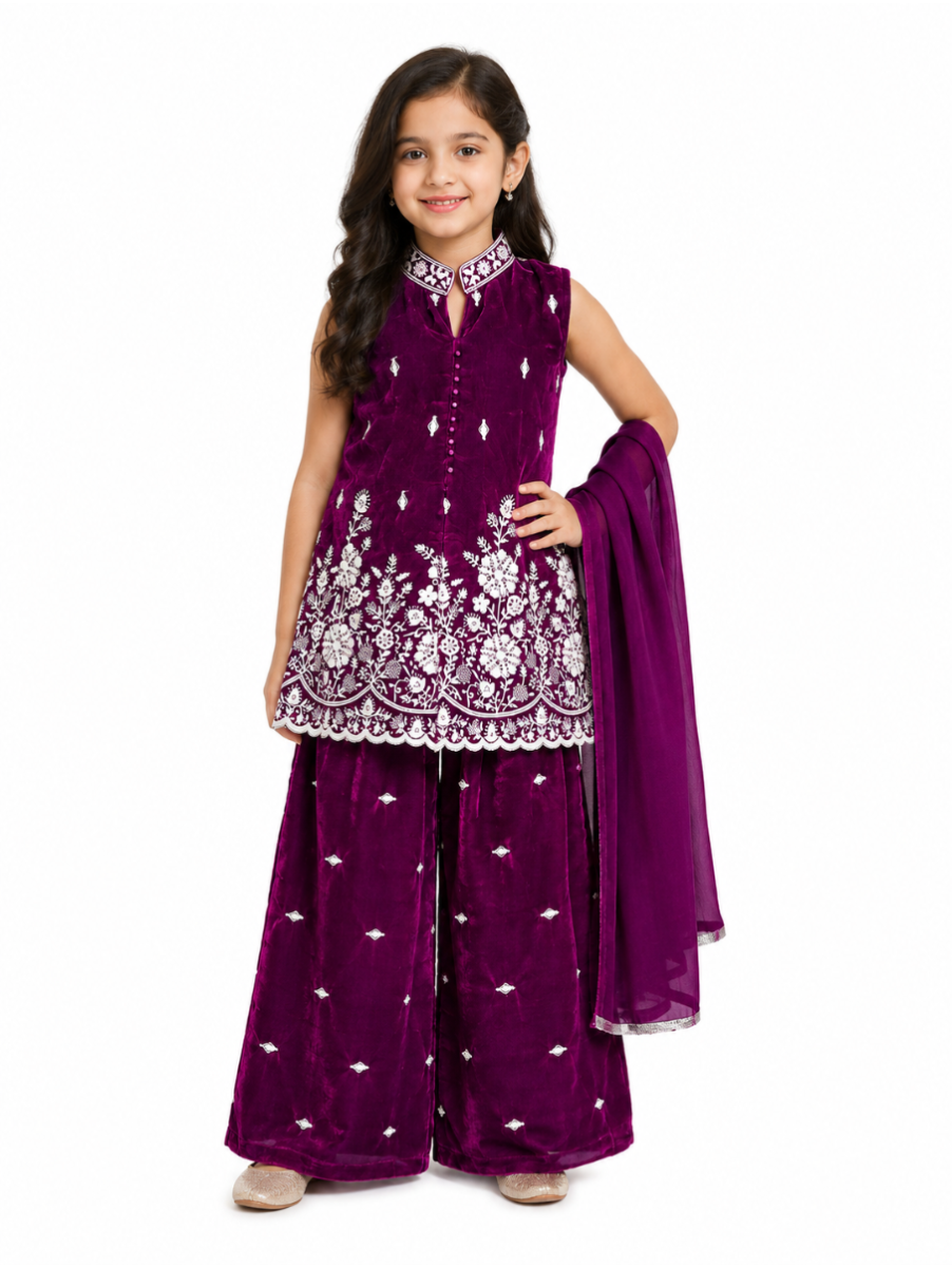 Gracecharm Girls Embroidered Top and Palazzo Set with Dupatta