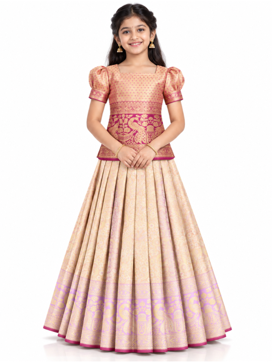 Gracecharm Pure Silk Floral Jaal Peacock Brocade Pattu Pavadai Material