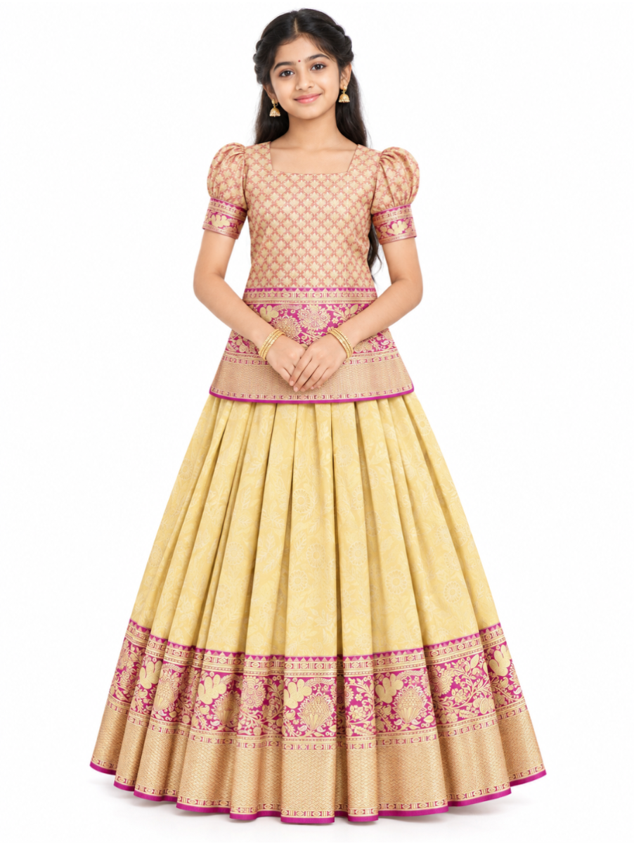 Gracecharm Pure Silk Floral Jaal with Floral Brocade Pattu Pavadai Material