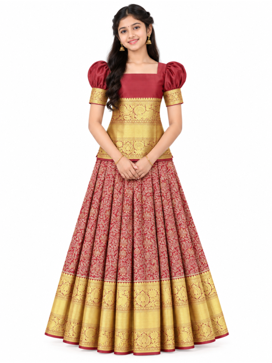 Gracecharm Pure Silk Floral Jaal with Zari Border Pattu Pavadai Material