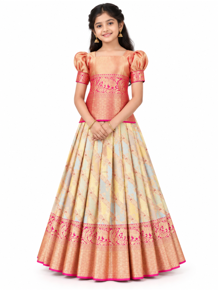 Gracecharm Pure Silk Geometric Jaal Elephant Border Pattu Pavadai Material