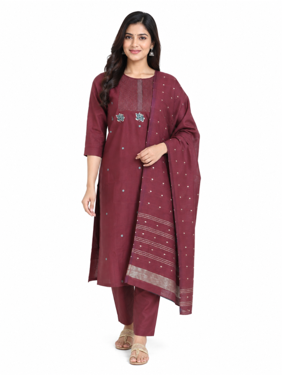 Graceful Muse Readymade Lotus Butta with Zari Stripe Yoke Salwar Kameez