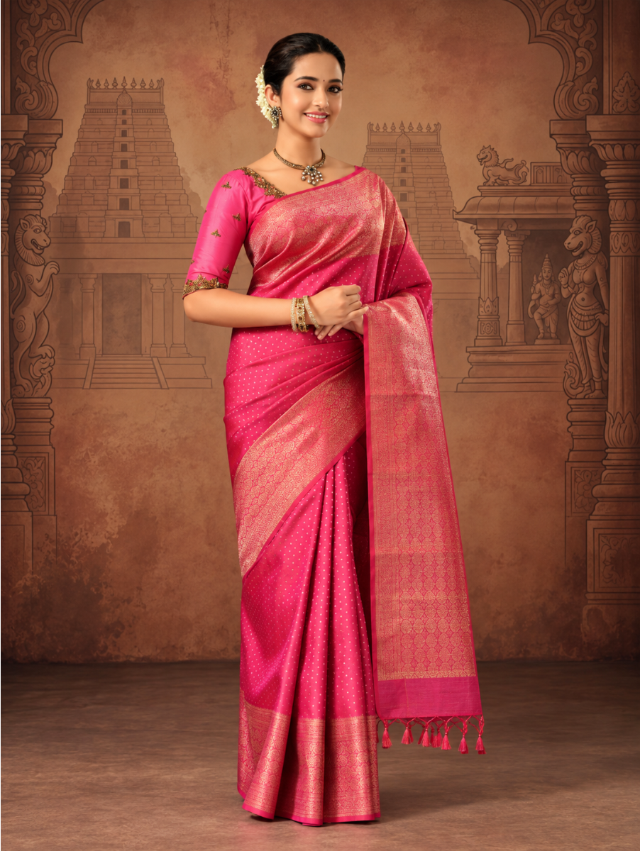 Vivaha Bridal Kanchipuram Pure Silk Polka Dot Butta with Floral Brocade Pallu Saree