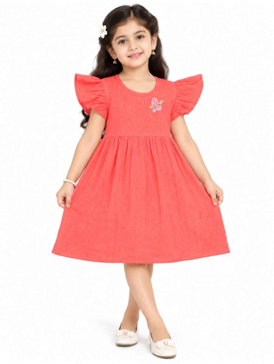 Chellakutti Girls Floral Embroidered Flutter Sleeve Frock