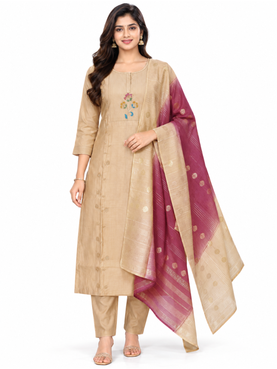 Graceful Muse Readymade Champagne Beige Floral Embroidered Salwar Kameez