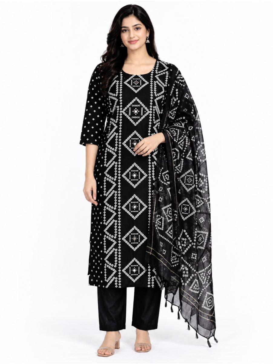 Graceful Muse Readymade Black Geometric Diamond Design Salwar Kameez