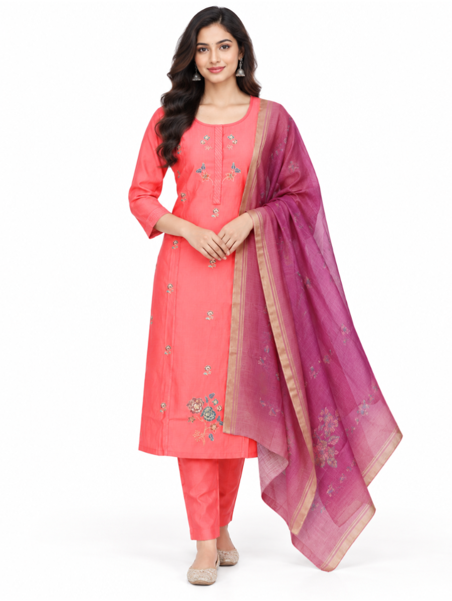 Graceful Muse Readymade Coral Pink Floral Embroidered Salwar Kameez