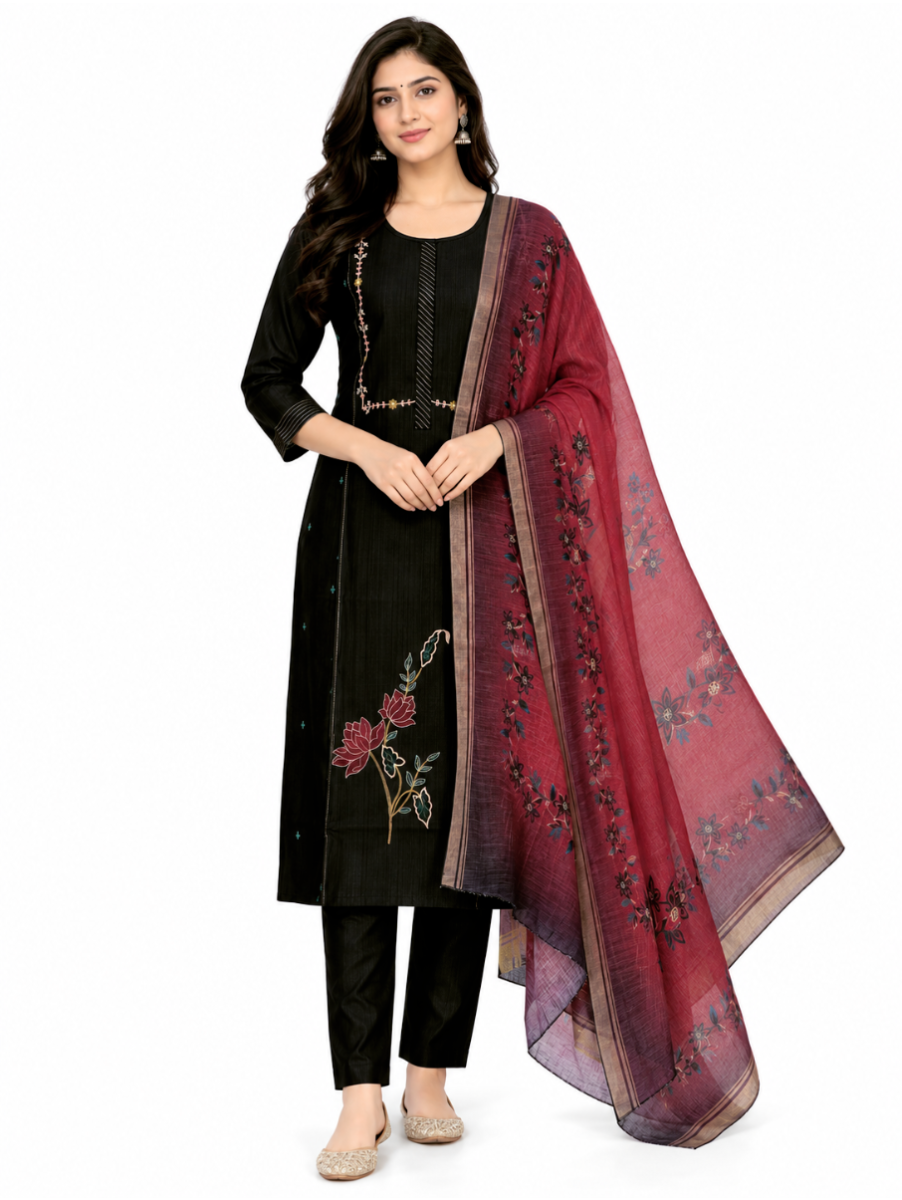 Graceful Muse Readymade Black Lotus Floral Embroidered Salwar Kameez