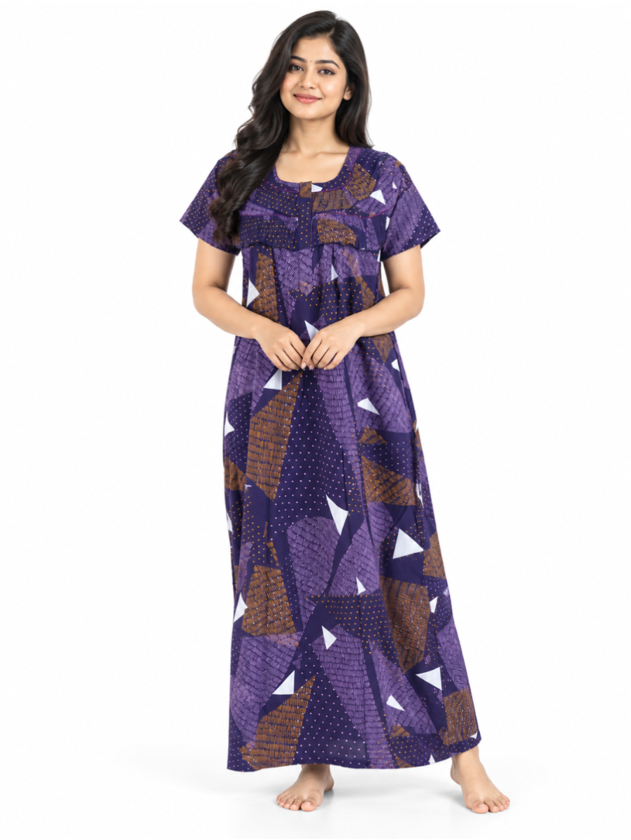 EasyCharm Cotton Abstract Geometric Print Gathered Yoke Nighty