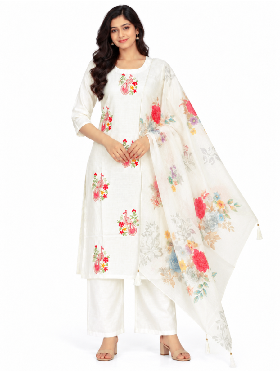 Graceful Muse Readymade Ivory White Peacock Floral Embroidery Salwar Kameez
