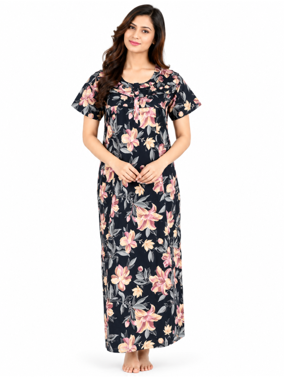 EasyCharm Cotton Floral Print Smocked Ruffle Yoke Nighty