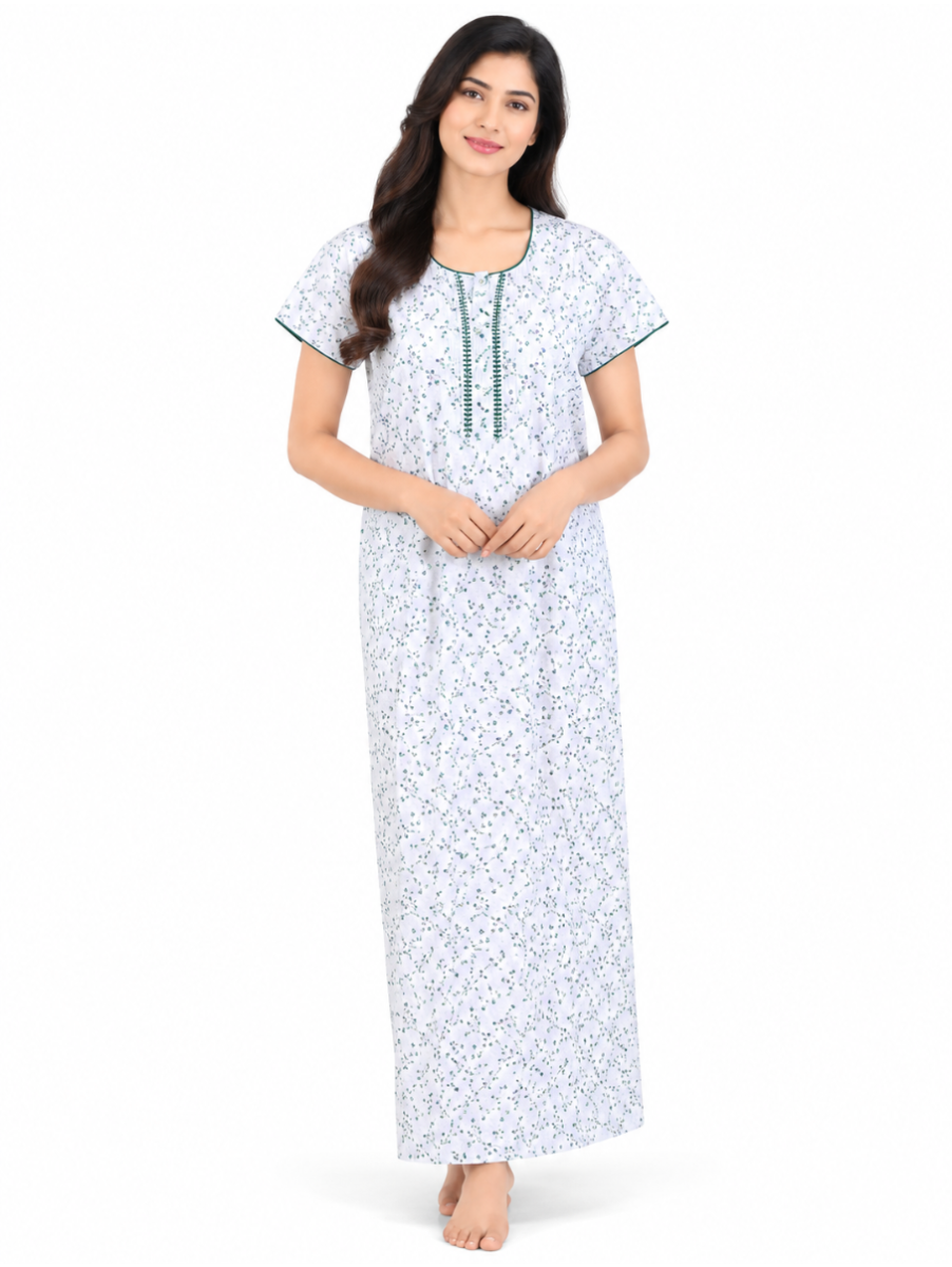 EasyCharm Cotton Tiny Floral Vine Printed Short Sleeve Nighty