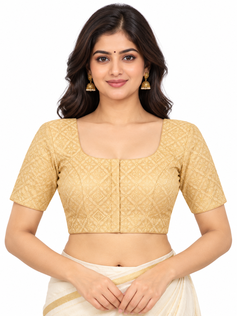 Graceful Essence Art Silk Golden Beige Floral Embroidered Padded Blouse