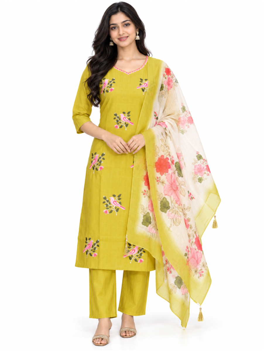 Graceful Muse Readymade Yellow Bird Embroidered Salwar Kameez