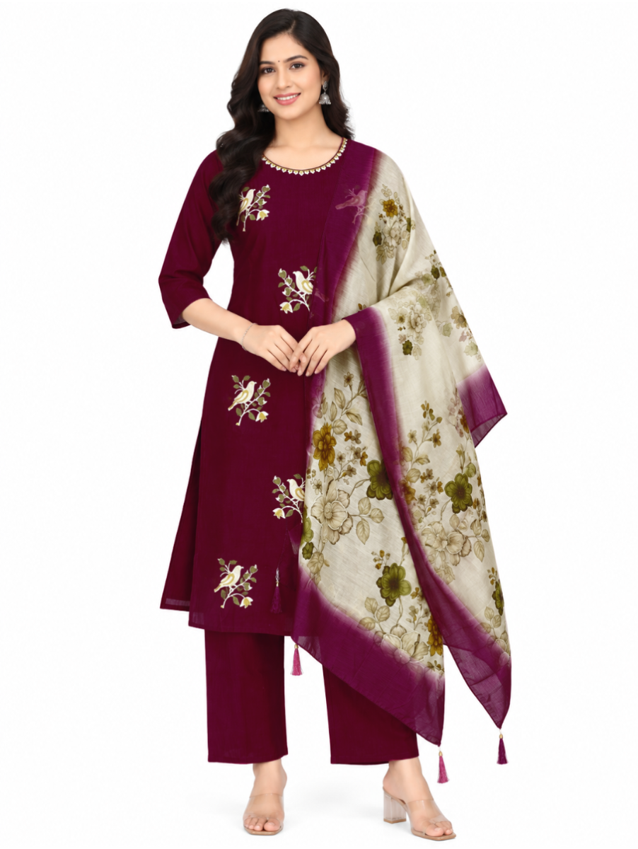 Graceful Muse Readymade Bird and Floral Embroidered Salwar Kameez