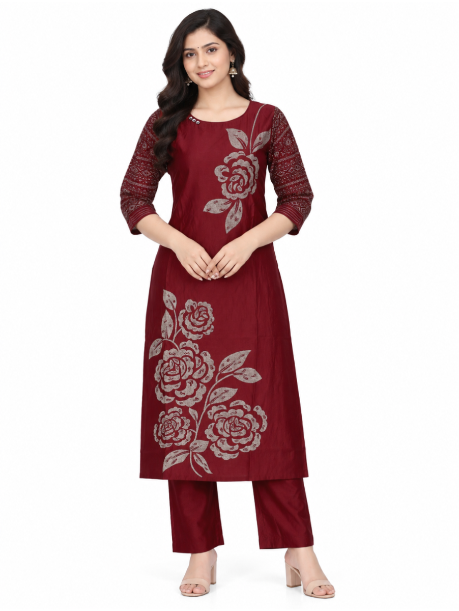 Graceful Muse Readymade Deep Maroon Rose Floral Printed Salwar Kameez