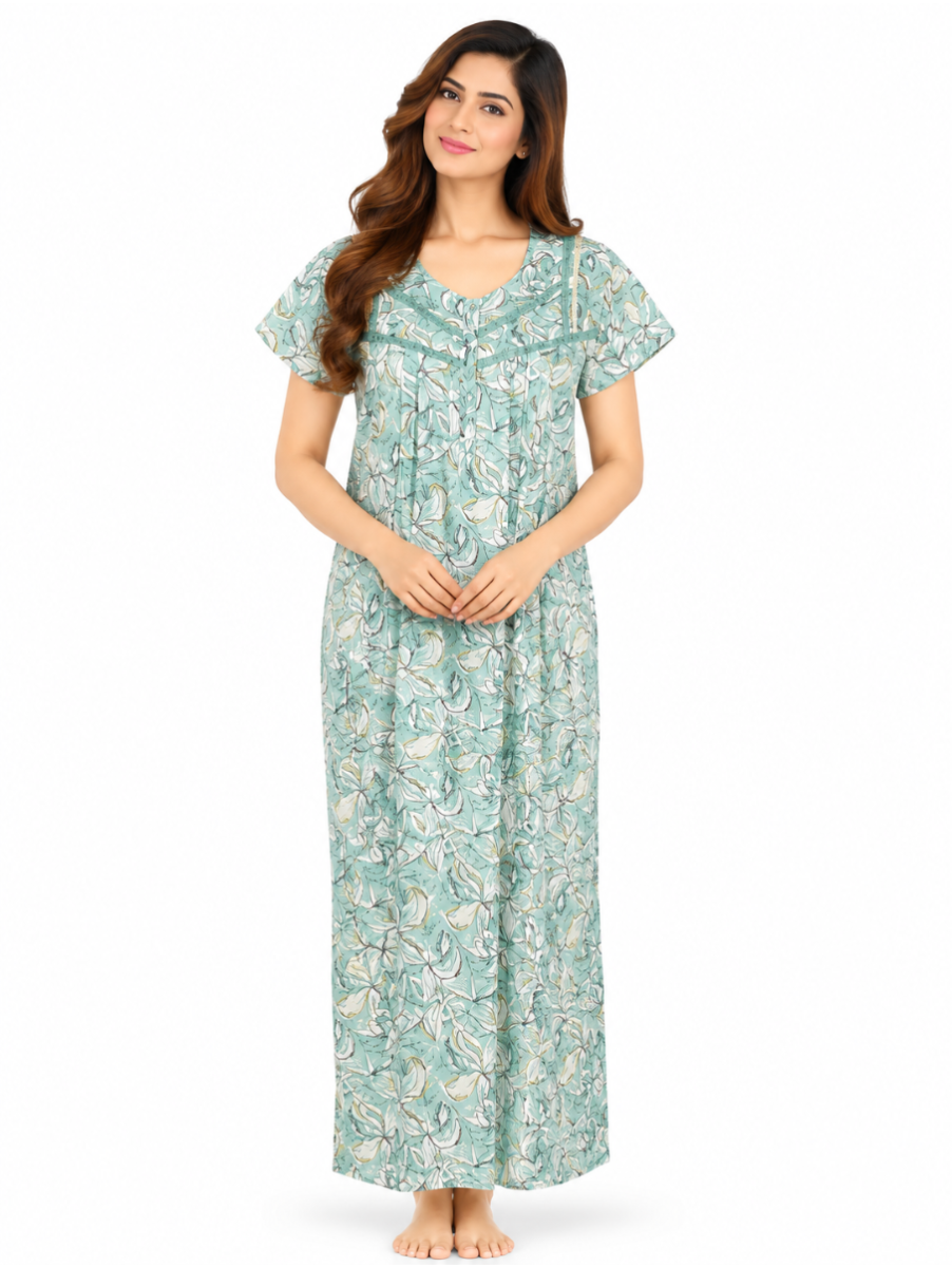 EasyCharm Cotton Abstract Floral Vine Print Lace Yoke Nighty