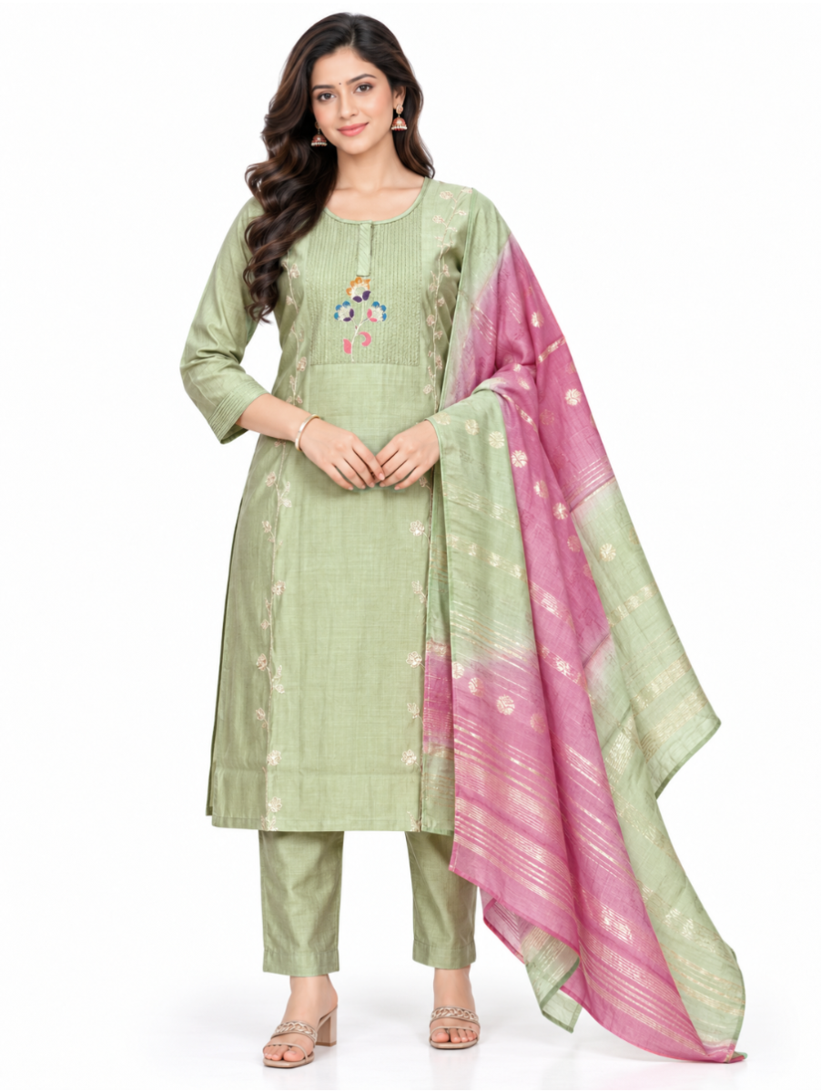 Graceful Muse Readymade Sage Green Floral Embroidered Salwar Kameez