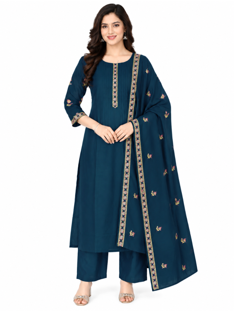 Graceful Muse Readymade Deep Teal Blue Floral Butta Embroidered Salwar Kameez