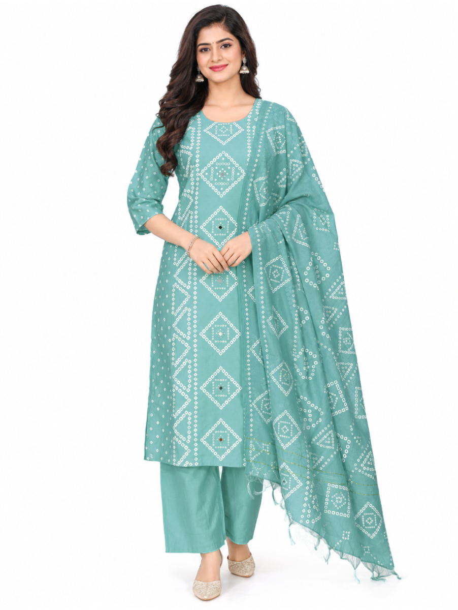 Graceful Muse Readymade Aqua Blue Bandhani Design Salwar Kameez