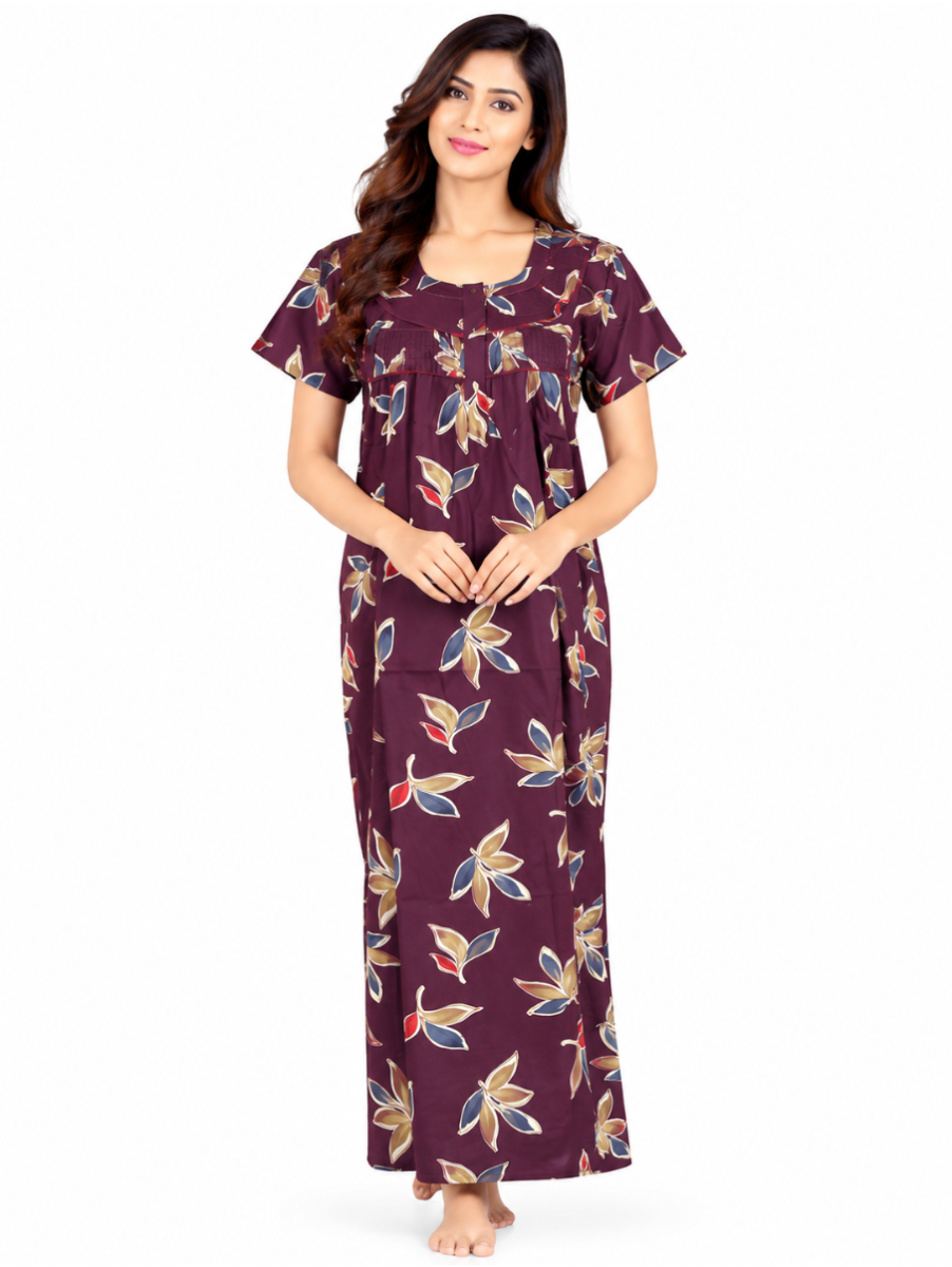 EasyCharm Cotton Abstract Leaf Print Smocked Yoke Nighty