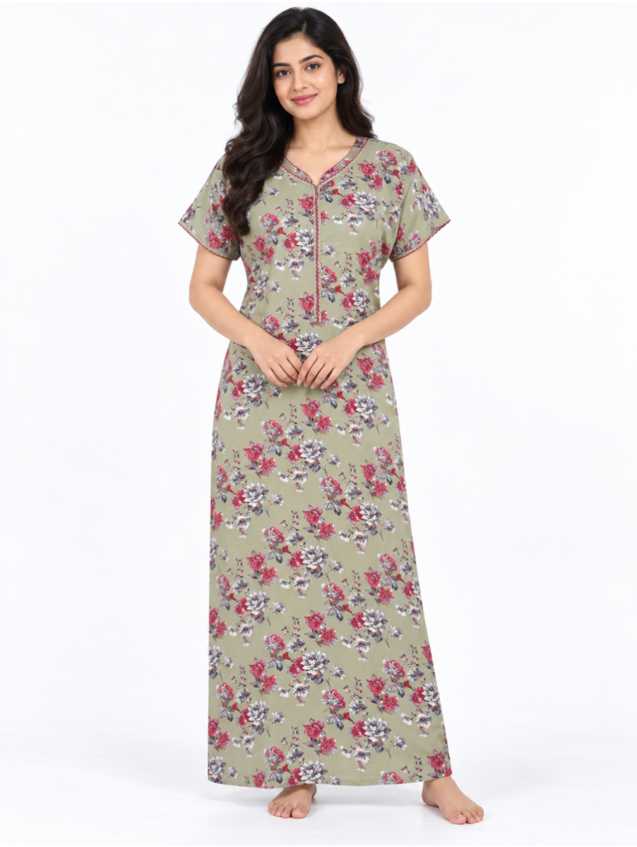 EasyCharm Rayon Floral Bouquet Print Lace Trimmed Nighty