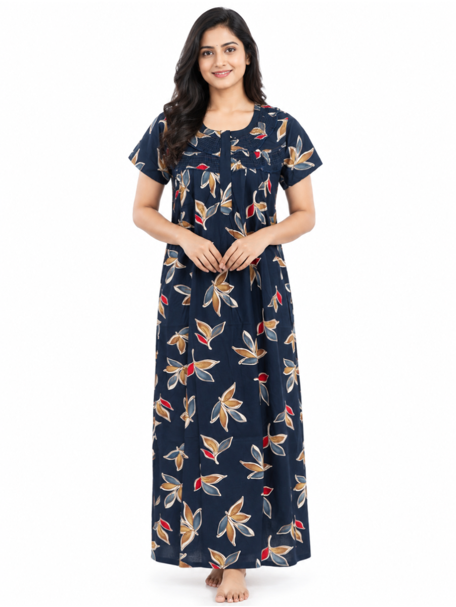 EasyCharm Cotton Abstract Leaf Print Smocked Yoke Nighty