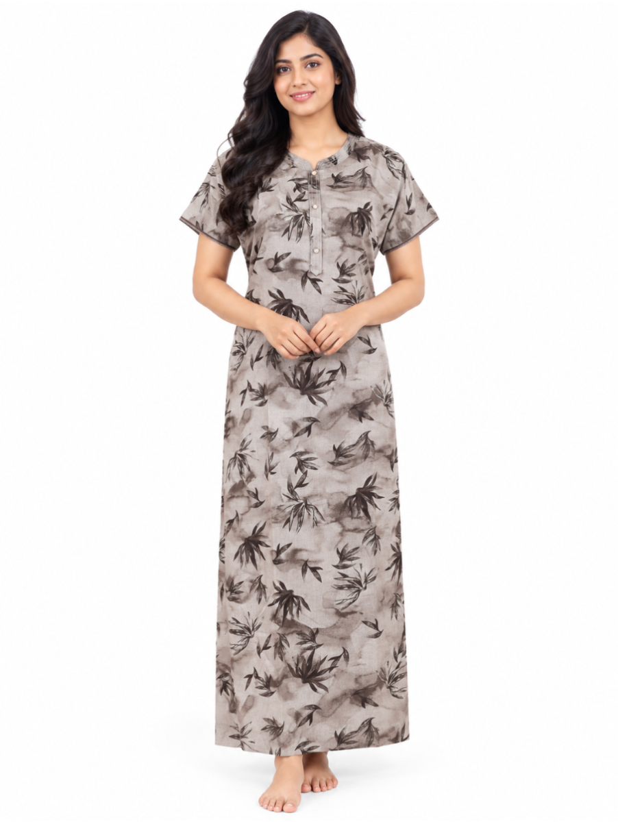 EasyCharm Rayon Bamboo Leaf Printed Button Neck Nighty