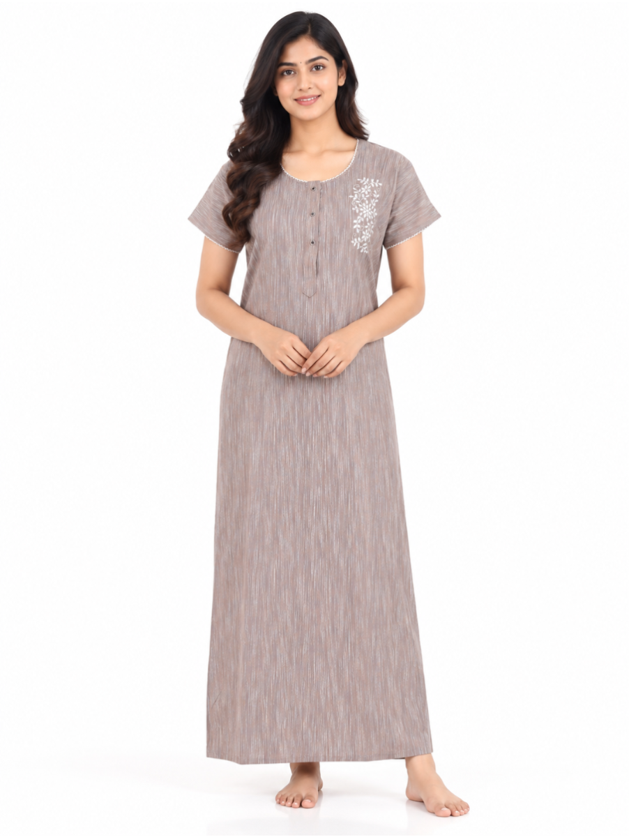 EasyCharm Rayon Slub Textured Leafy Vine Embroidered Nighty