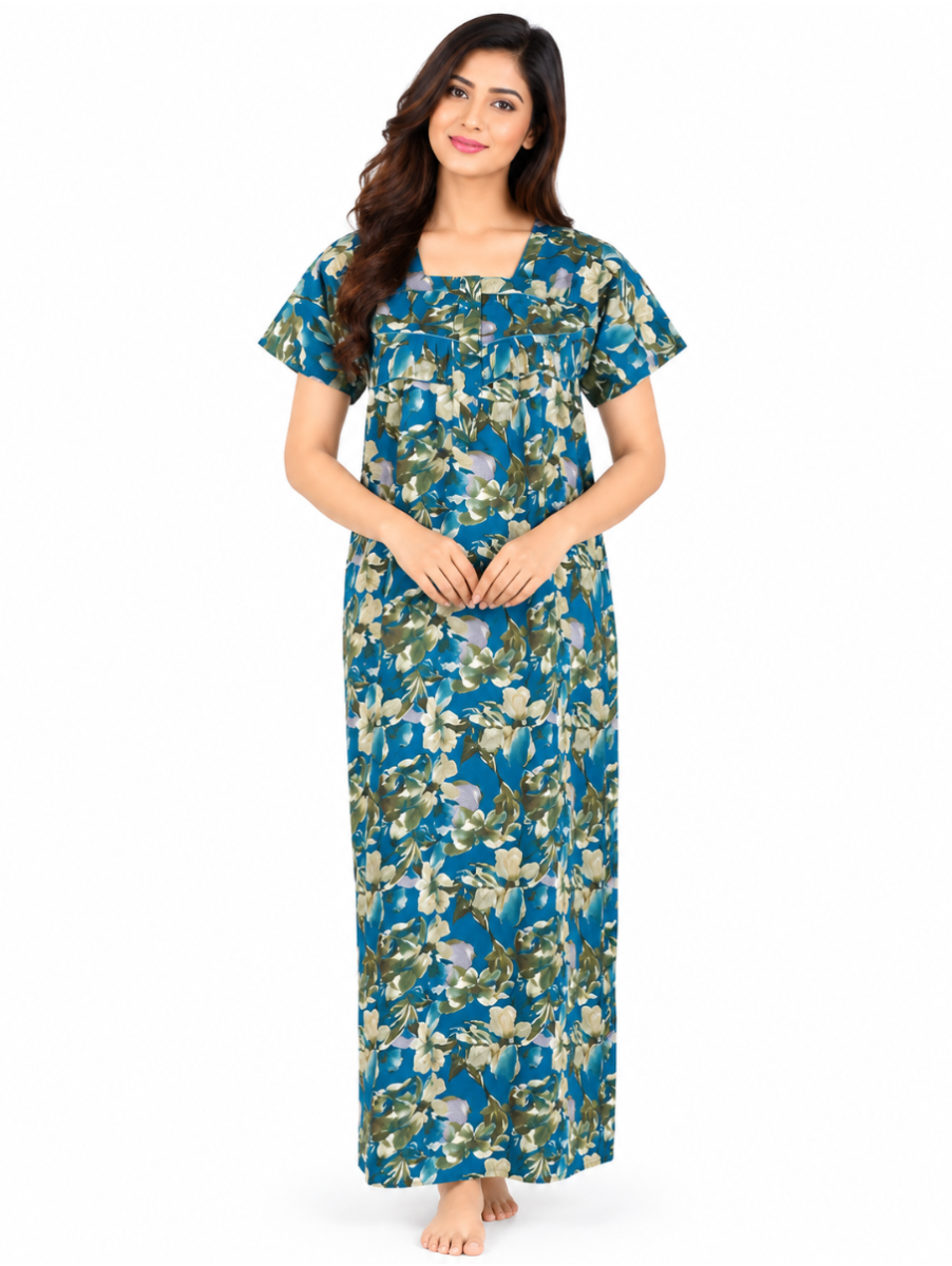 EasyCharm Cotton Abstract Floral Print Square Neck Nighty