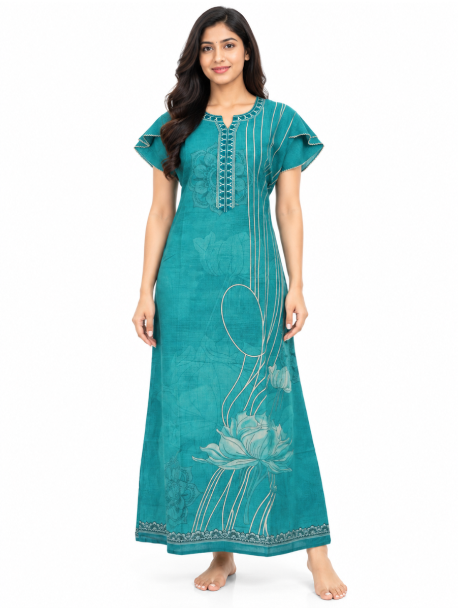 EasyCharm Rayon Abstract Floral Printed Layered Sleeve Nighty