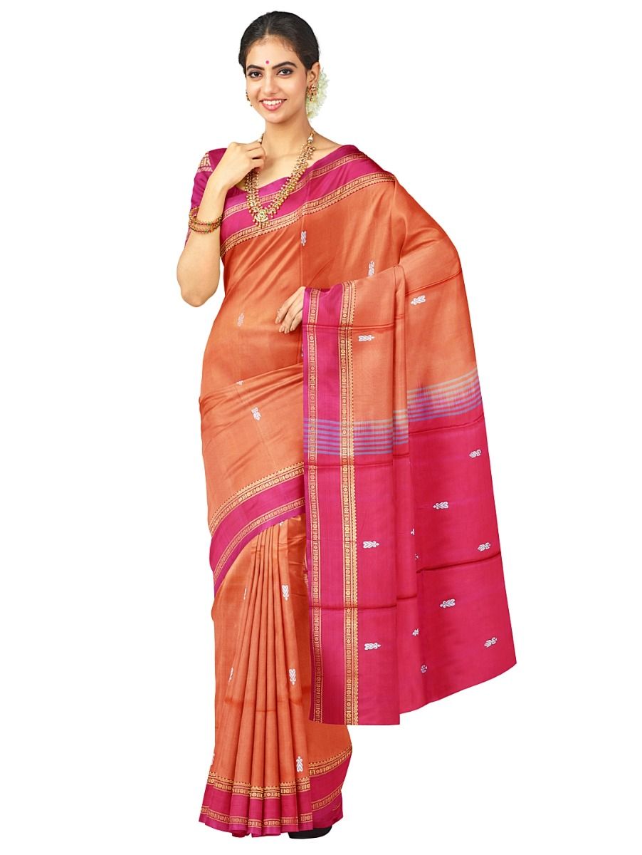 Kanmanie Vazhainaar Pattu Peach Orange Rani Pink Silver Butta Saree