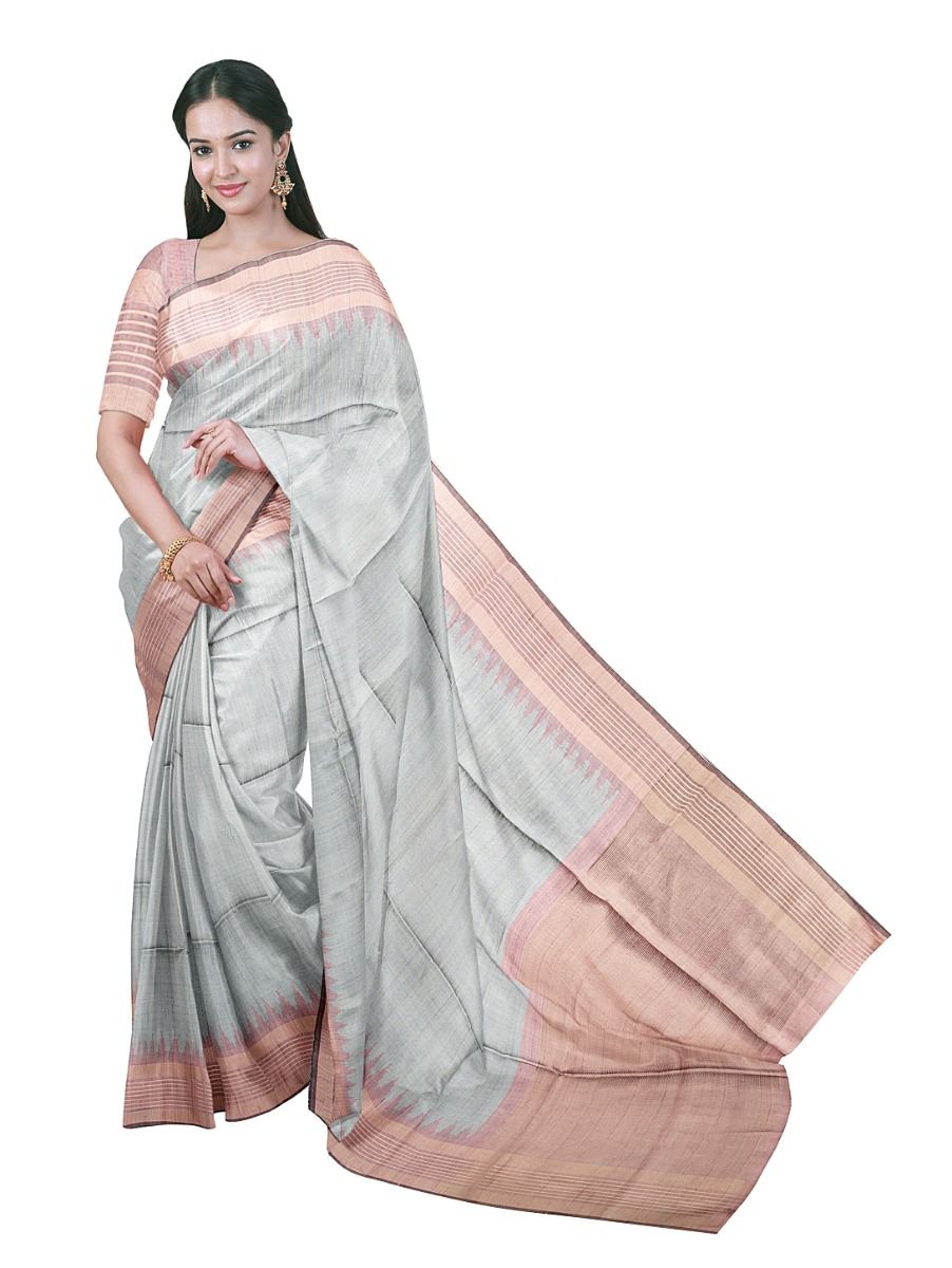 BlossomEase Art Dupion Plain with Contrast Border Saree