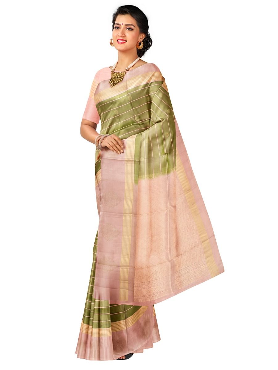 Kanmanie Soft Silk Striped Floral Butta with 6 Inch Traditional Border Saree