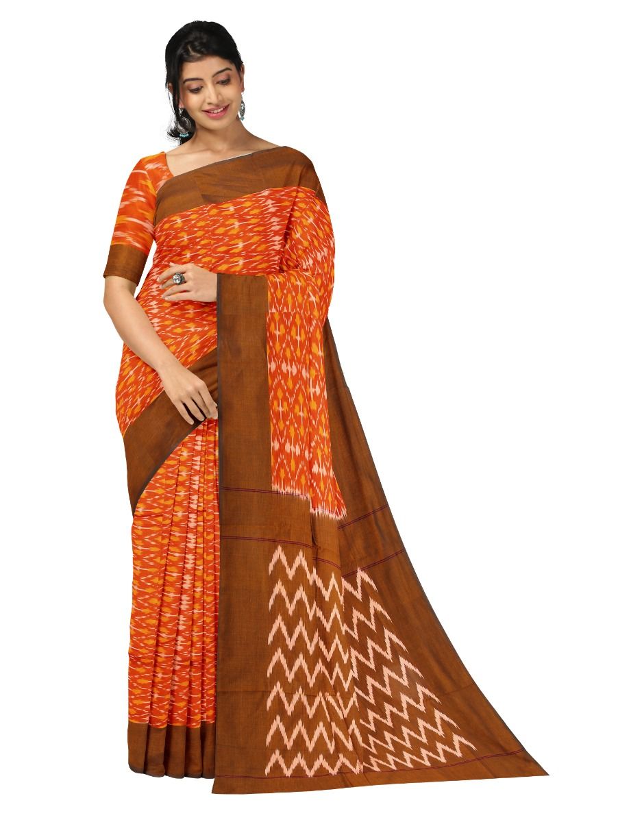 Gracecharm Pochampally Cotton Ikat Geometric Design with Border Saree