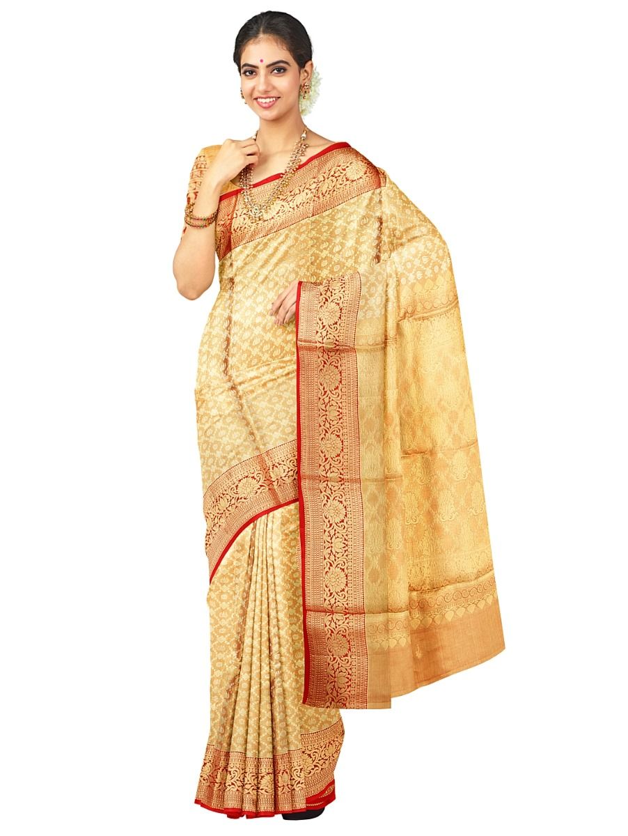 Kanmanie Pure Silk Lotus and Floral Butta with 6 Inch Zari Border Saree