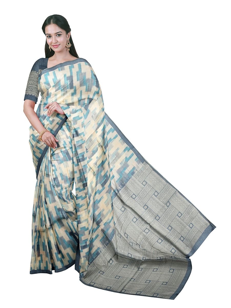 Gracecharm Art Dupion Geometric Meander Motif Interlock Square Pallu Saree