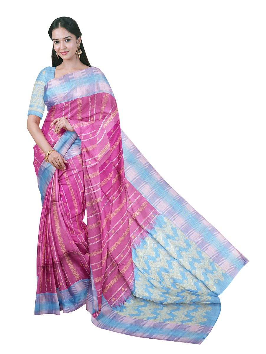 Gracecharm Art Dupion Floral Stripe Butta Checked Border Ogee Pallu Saree