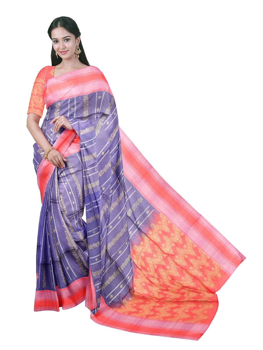 Gracecharm Art Dupion Floral Stripe Butta Checked Border Ogee Pallu Saree